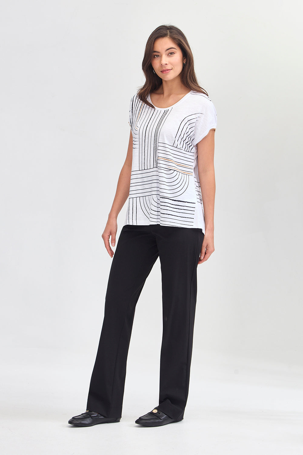 Verge Coastal Top in White styled with Relax Pant, Black - Haus of Alma