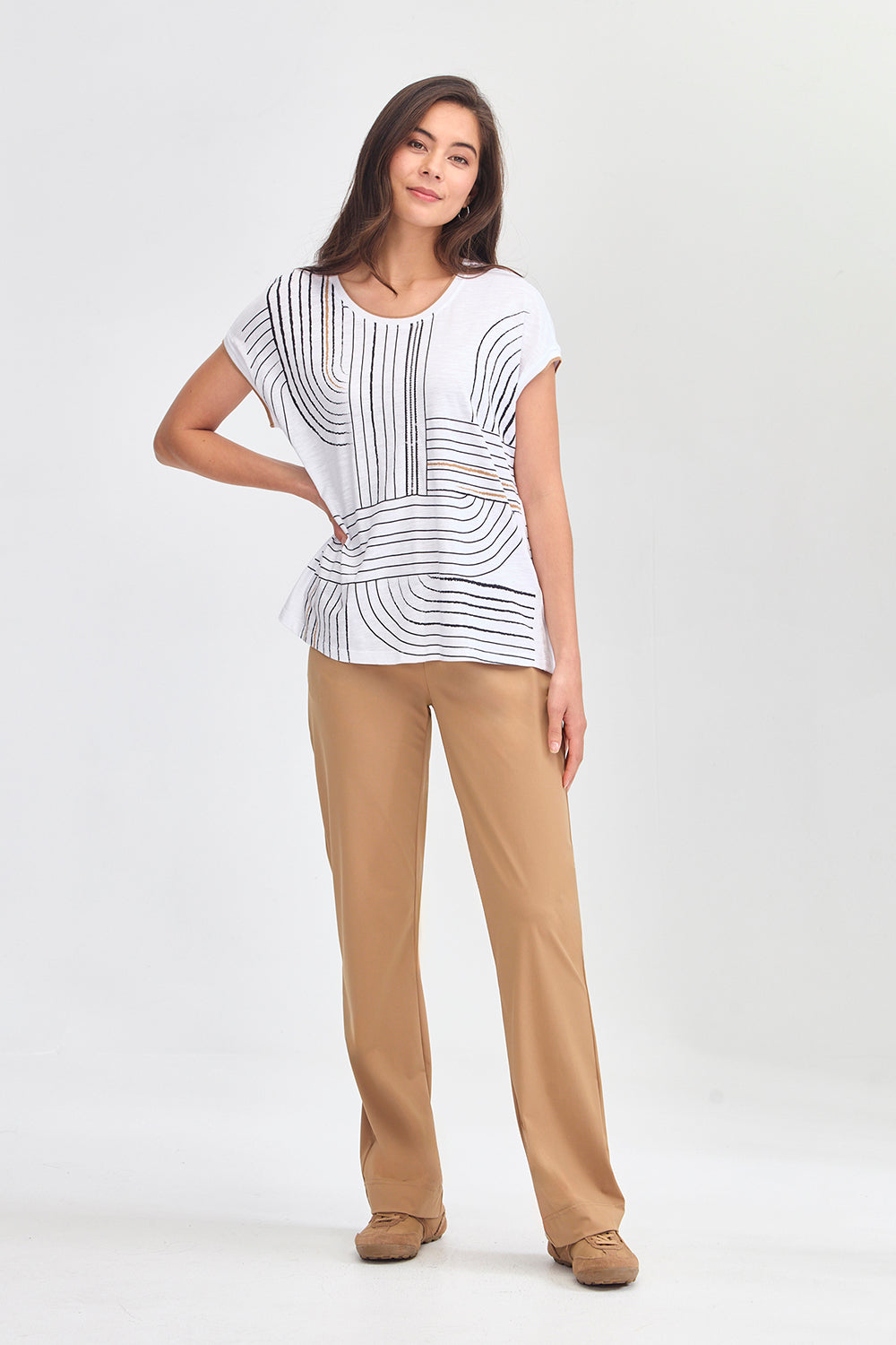 Verge Coastal Top in White styled with Relax Pant, Caramel - Haus of Alma
