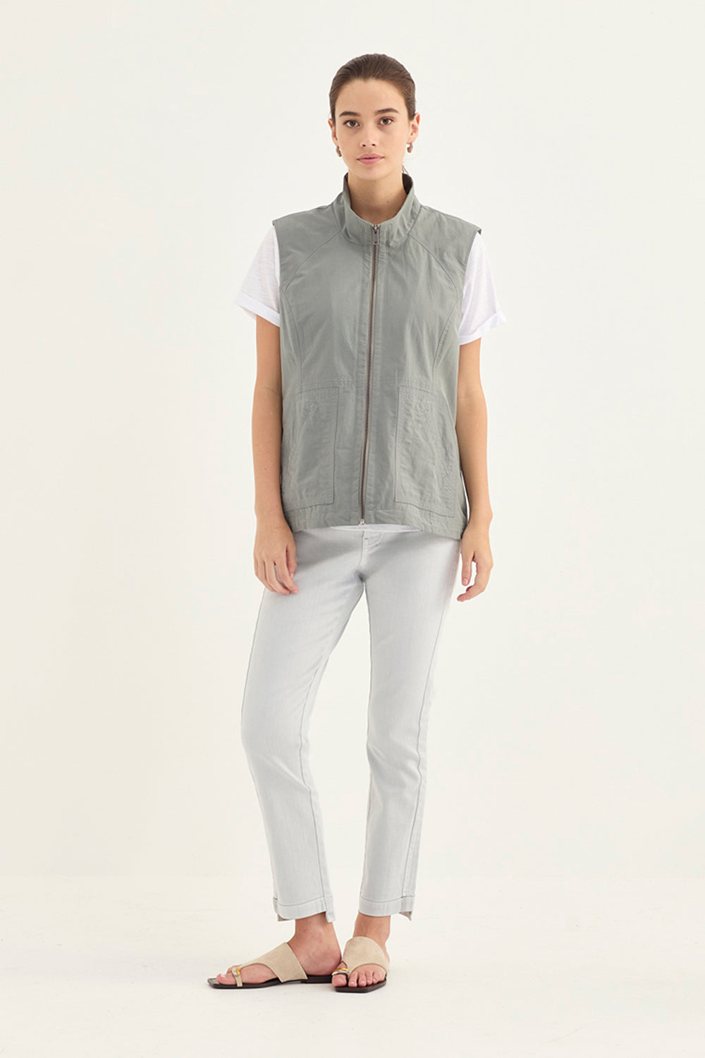Verge Master 26 Jean in Frost styled with Statement Vest, Shadow & Viper Top, White - Haus of Alma