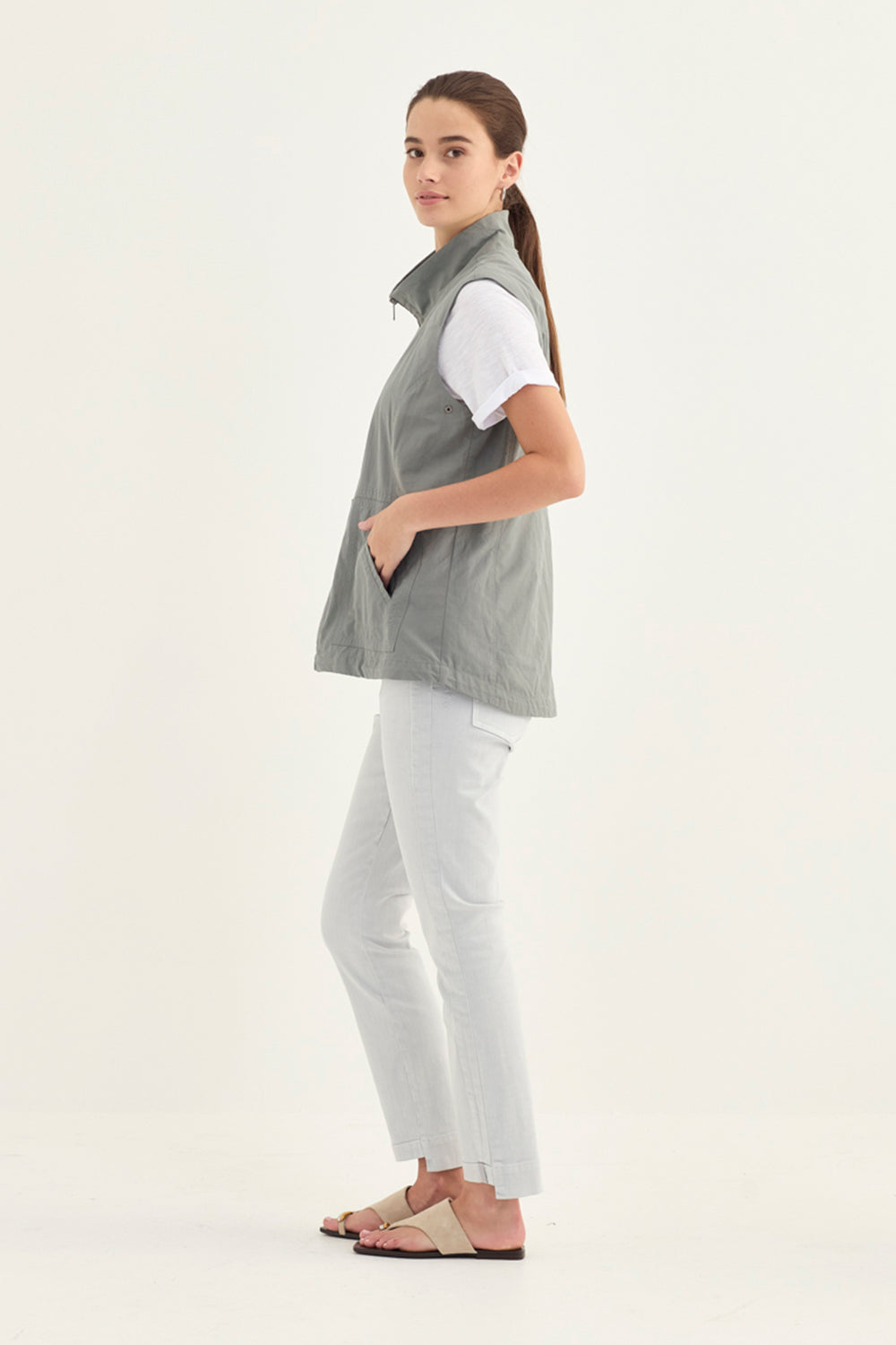 Verge Master 26 Jean in Frost styled with Statement Vest, Shadow & Viper Top, White - Haus of Alma