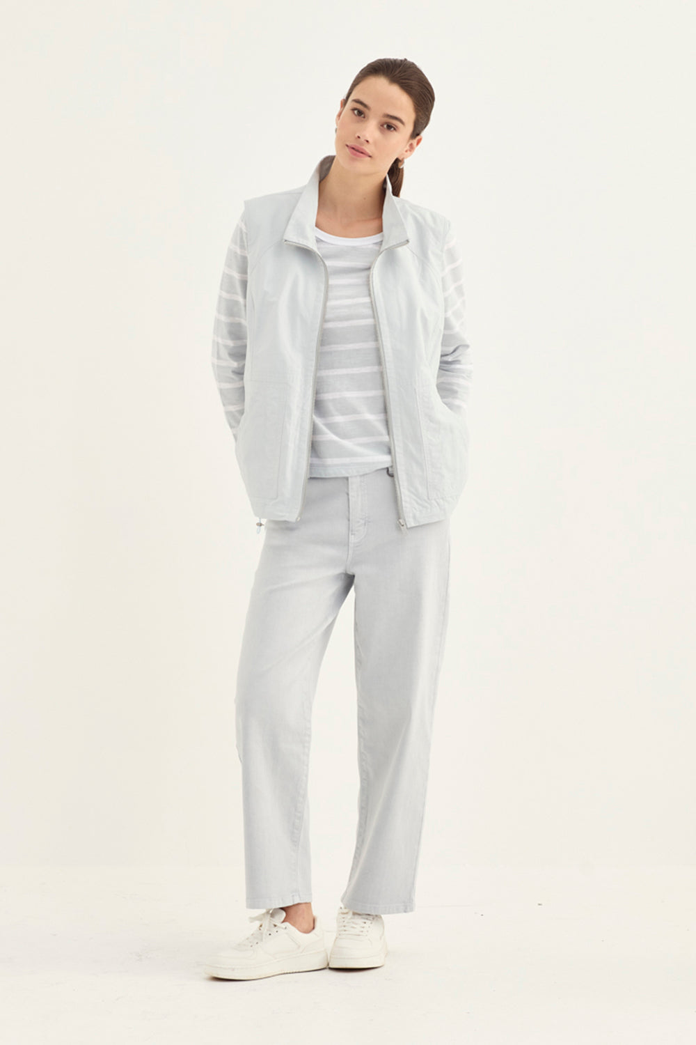 Verge Spencer Top in Ice styled with Statement Vest & Farrow Jean, Ice/Frost - Haus of Alma