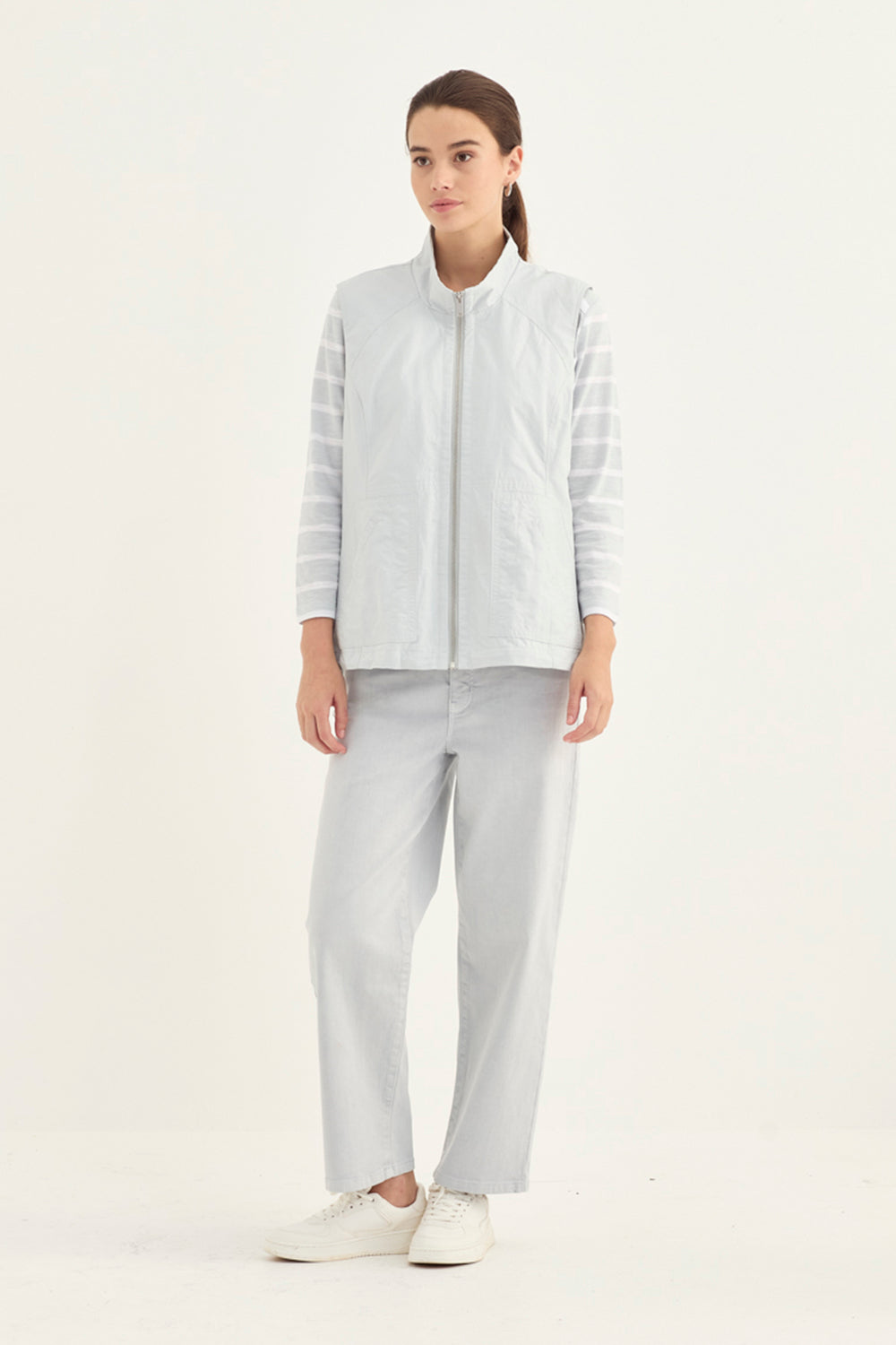 Verge Spencer Top in Ice styled with Statement Vest & Farrow Jean, Ice/Frost - Haus of Alma