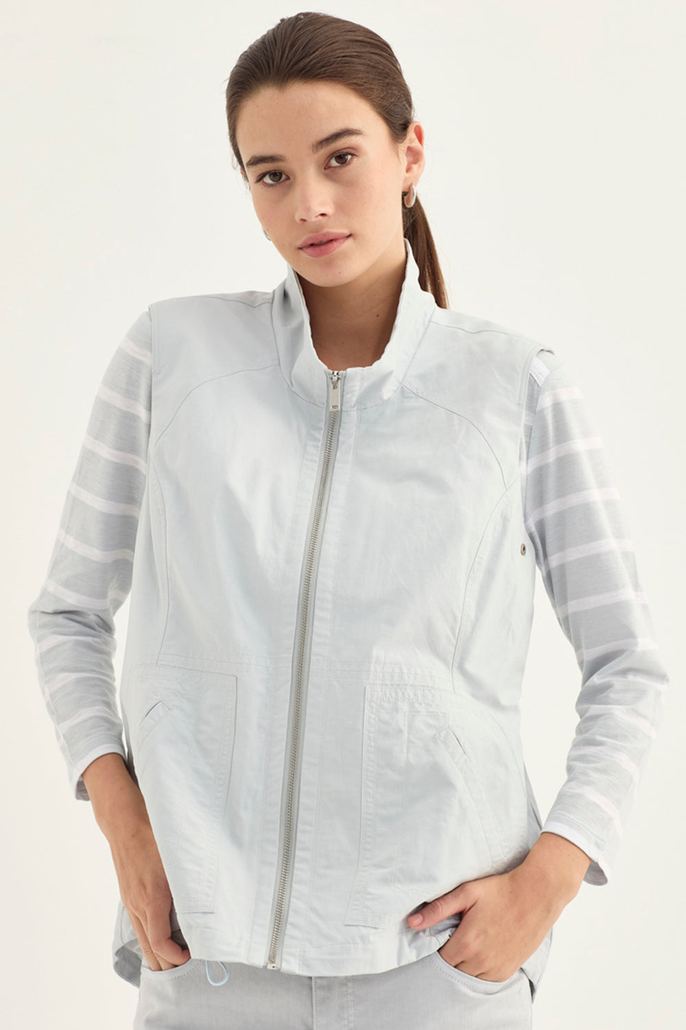 Verge Spencer Top in Ice styled with Statement Vest & Farrow Jean, Ice/Frost - Haus of Alma