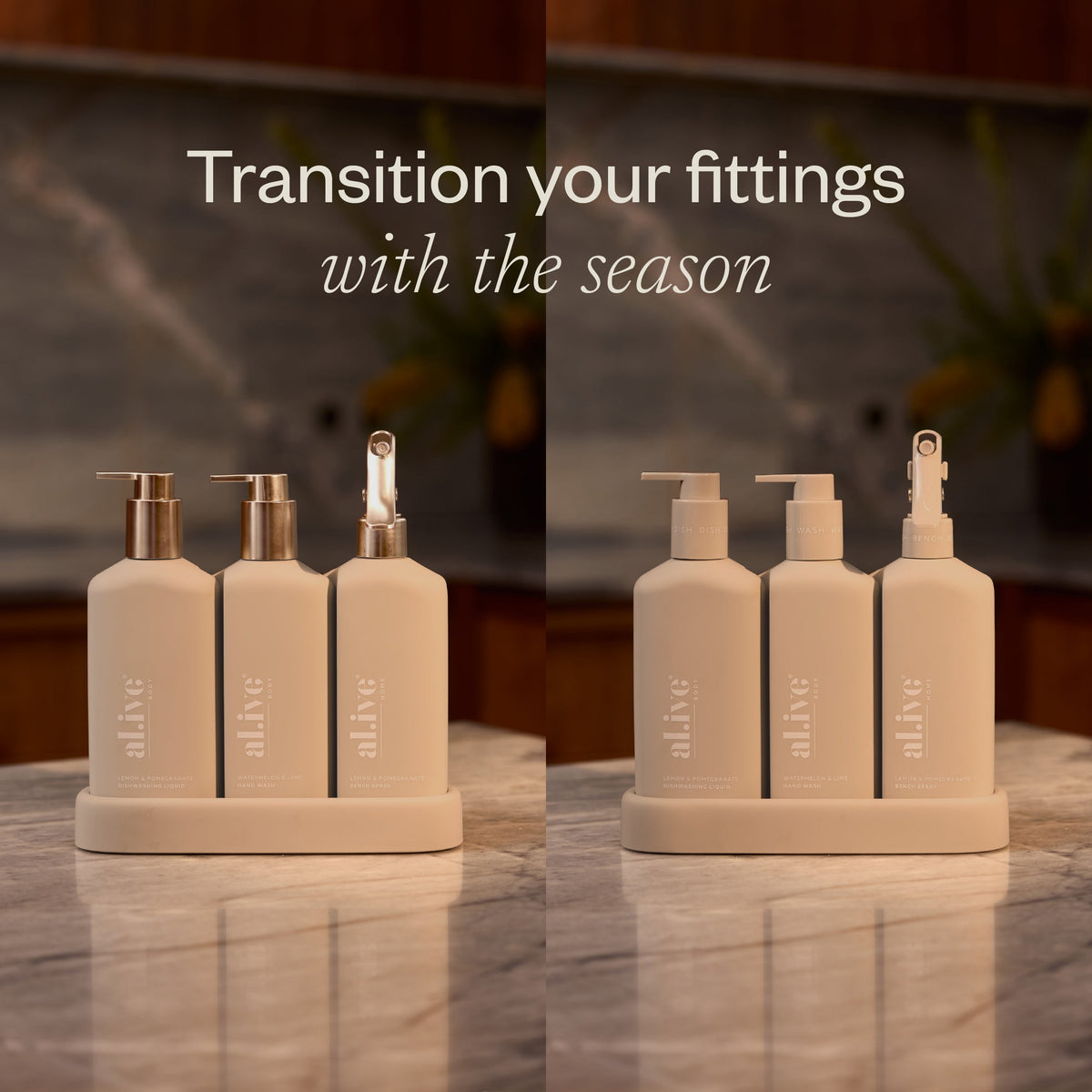 al.ive body Stone Kitchen Trio shown with bronze and classic fittings to transition with the season