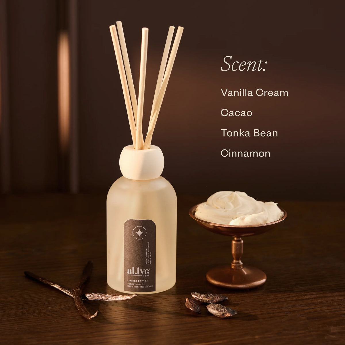 al.ive body Vanilla Cream & Tonka Bean Reed Diffuser with scent notes of vanilla cream, cacao, tonka bean and cinnamon