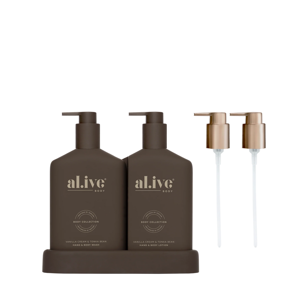 al.ive body Transformative Wash & Lotion Duo Vanilla Cream & Tonka Bean in Chocolate with interlocking bottles and tray