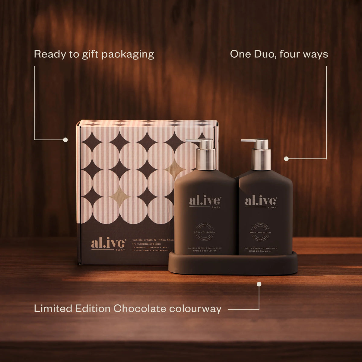 al.ive body Transformative Duo in the limited edition Chocolate colourway beside its ready to gift box