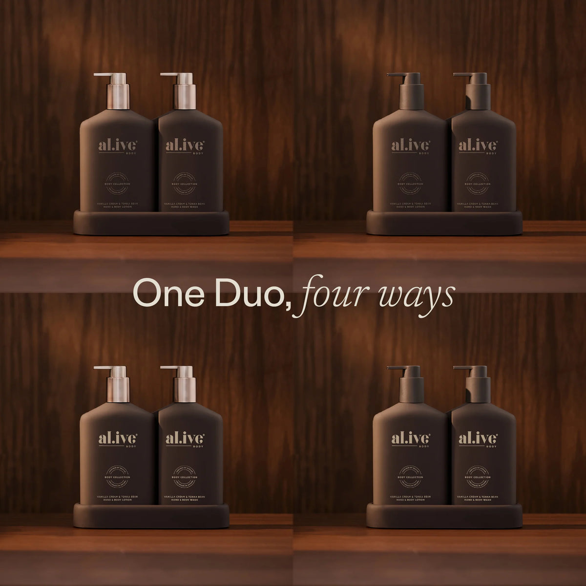 al.ive body Transformative Wash & Lotion Duo shown four ways on timber shelves
