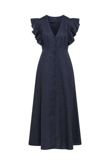 Cable Melbourne Bellevue Linen Dress in Navy - flat lay front view