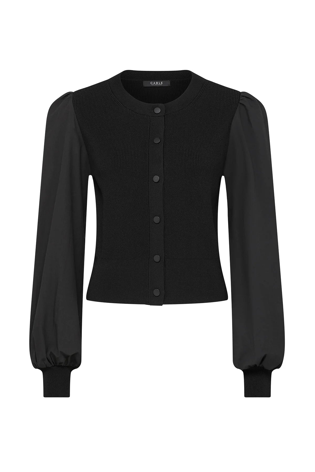 Cable Melbourne Crepe Spring Cardigan in Black, flat lay showing the rib knit body and cotton puff sleeves