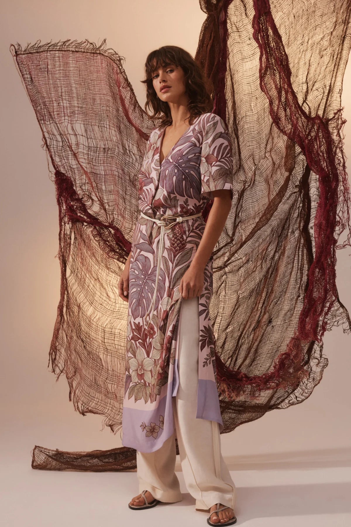 Cable Melbourne Erika Kaftan Dress in Paradise Print, worn - side view