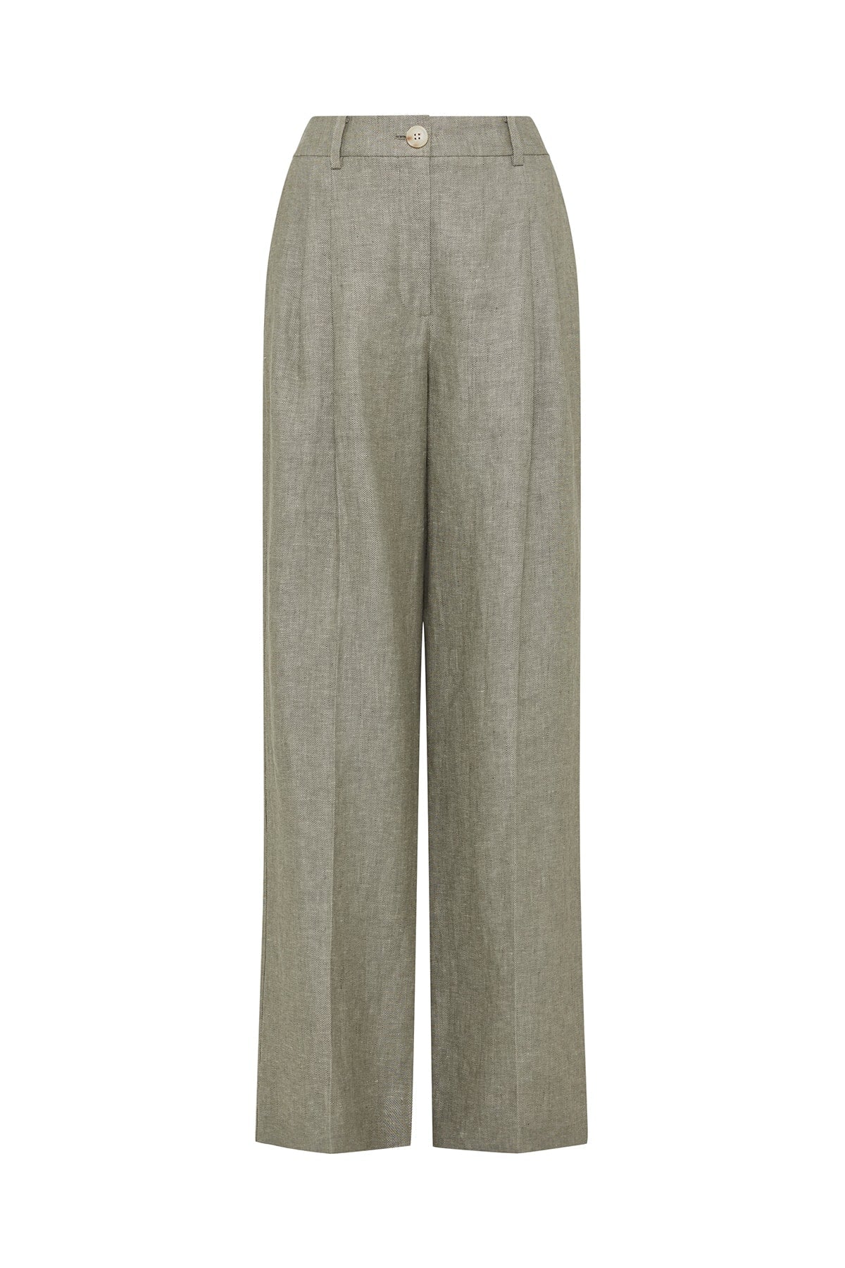 Cable Melbourne Evelyn Linen Pant in Green, styled with a cream knit cardigan (cardigan not included) - front view
