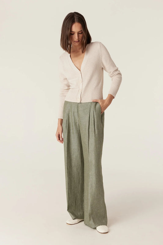 Cable Melbourne Evelyn Linen Pant in Green, styled with a cream cardigan (cardigan not included) - additional front view