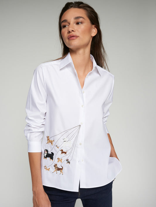 Vilagallo Tea White Embroidered Cotton Twill Shirt worn by model, dog walker embroidery detail, front view