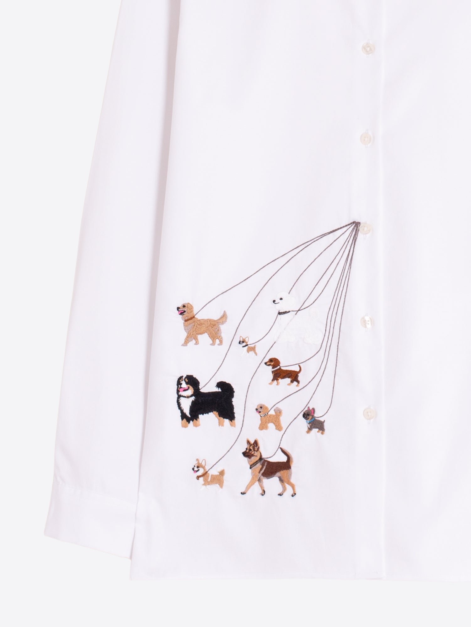 Vilagallo Tea White Embroidered Cotton Twill Shirt close-up of dog walker embroidery detail