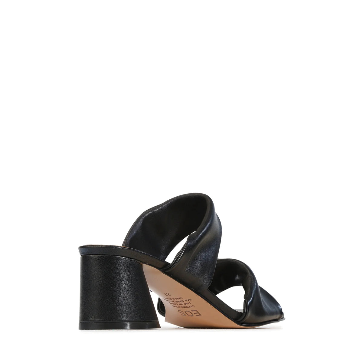 EOS Petris twisted leather mule in Black - back view of the 60mm cylindrical heel
