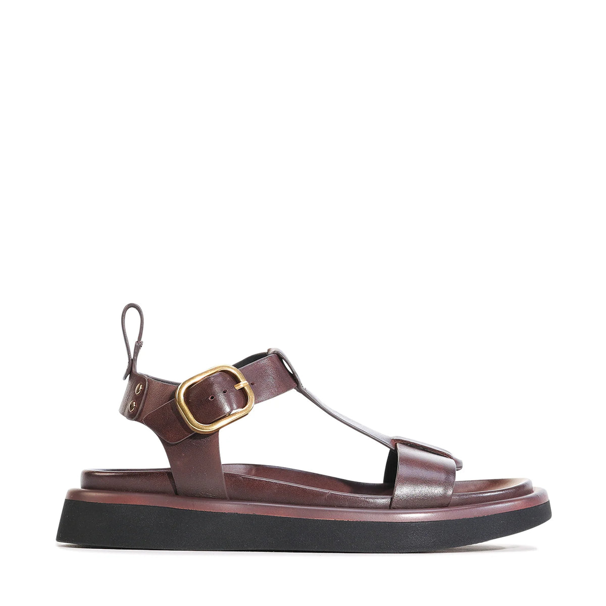 EOS Slays leather T-bar sandal in Chestnut - side profile showing the gold-tone ankle buckle