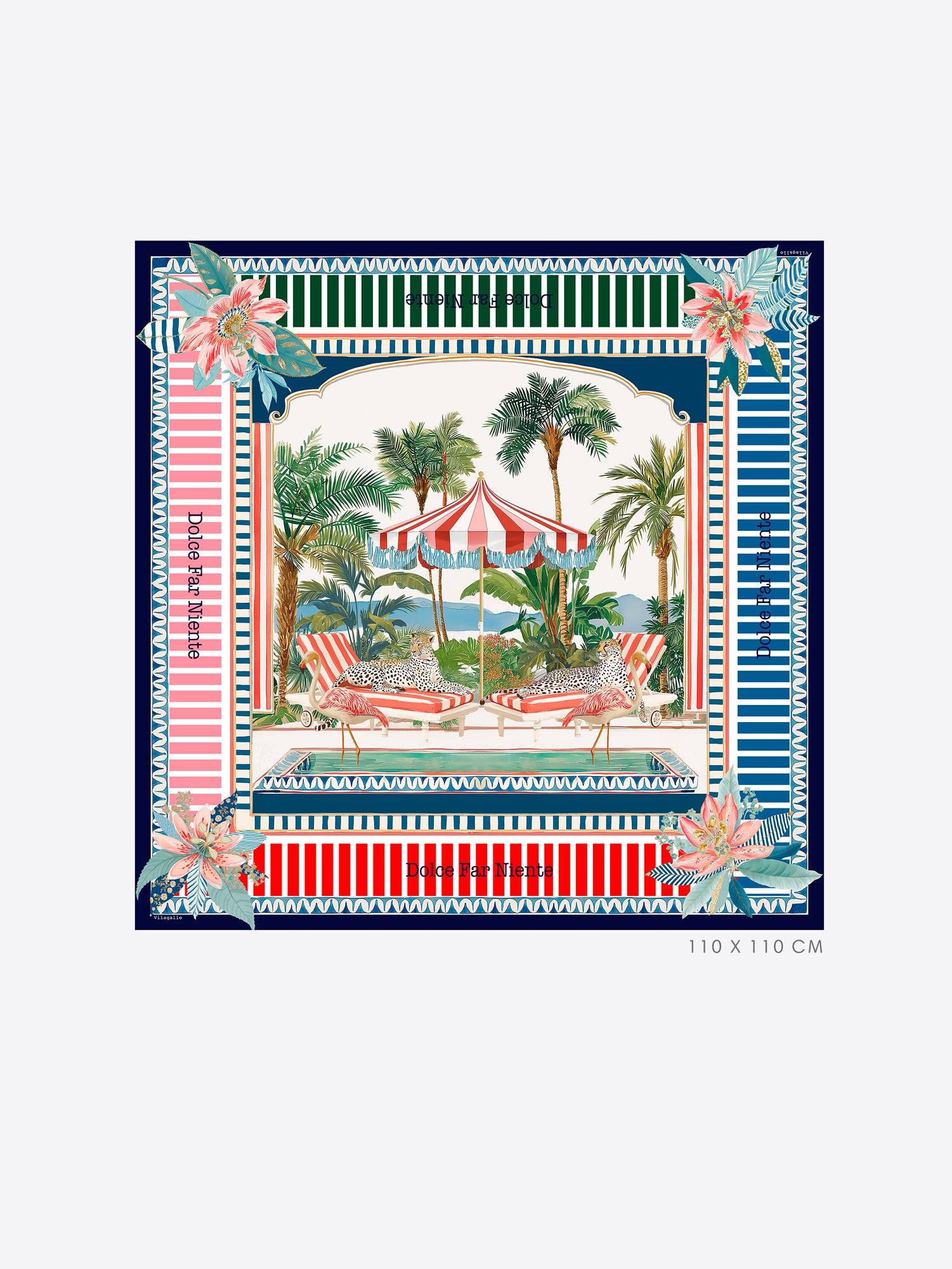 Vilagallo Farniente Silk Scarf flat lay, 110 x 110 cm Dolce Far Niente poolside print