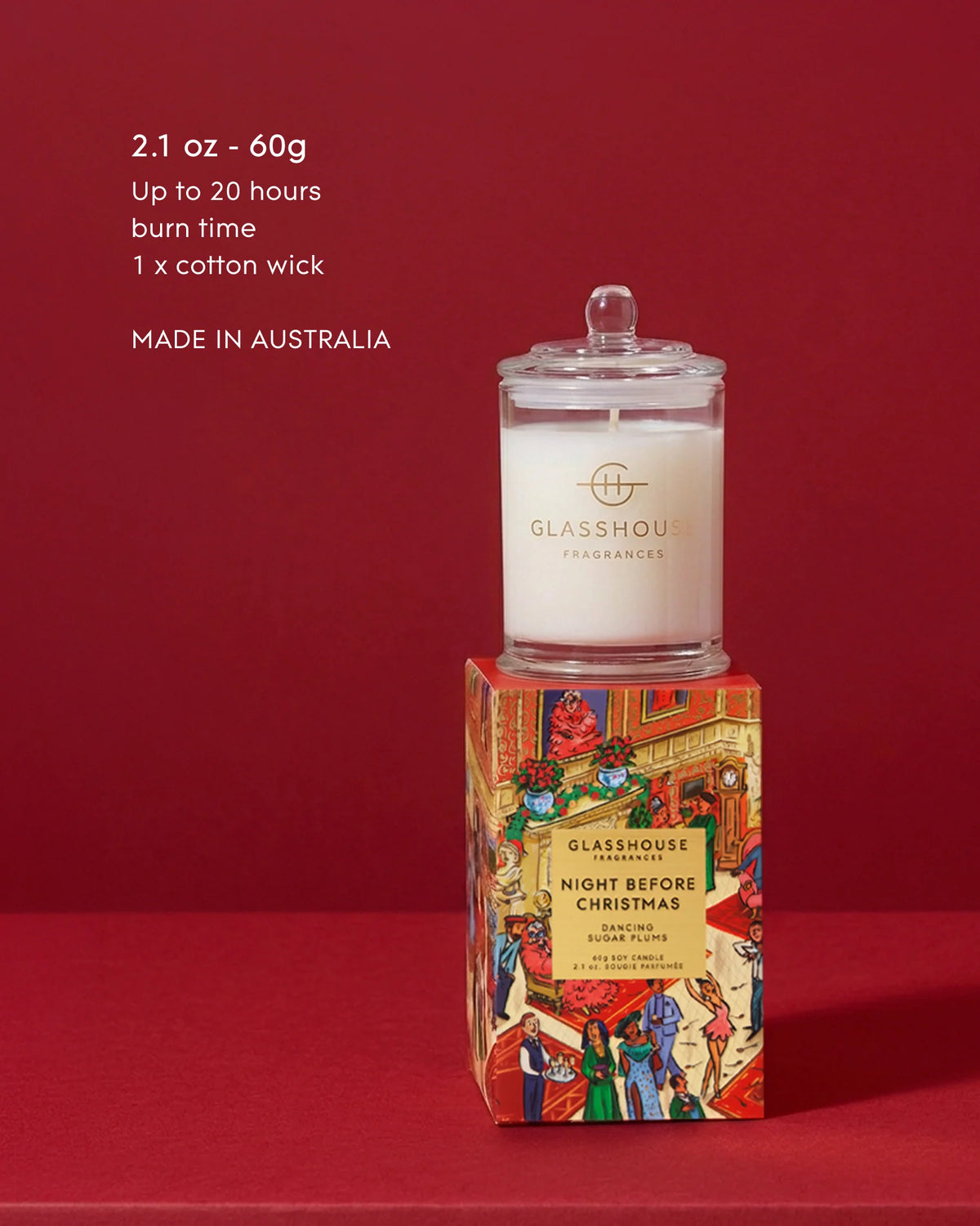Glasshouse Fragrances Night Before Christmas 60g Candle, up to 20 hours burn time, 1 cotton wick, made in Australia