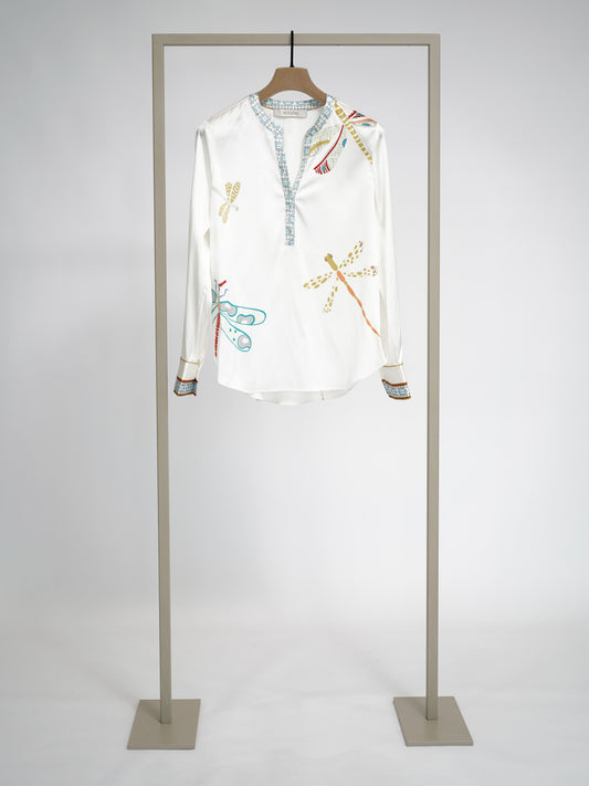 Herzens silk blouse in Sky Blue Multi dragonfly print, front view – Haus of Alma