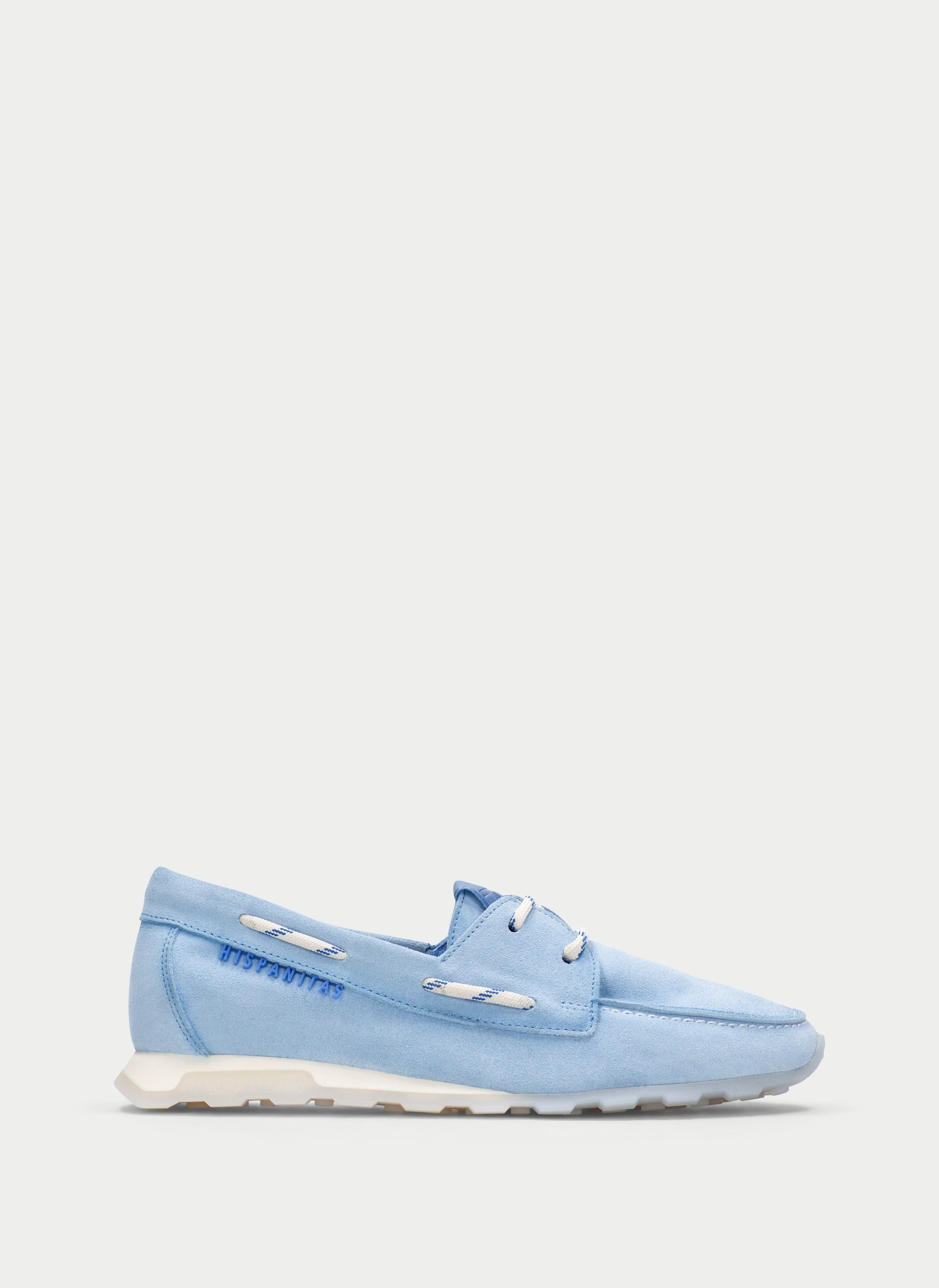 Hispanitas Zinnia boat-shoe loafer in sky-blue Velour Celeste suede, side profile