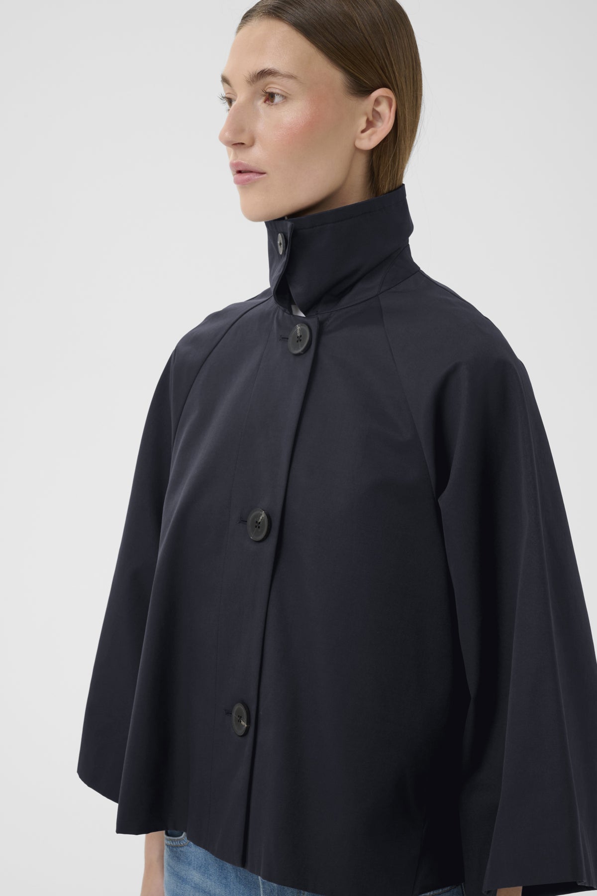 Haus of Alma InWear Hinonaiw Cape Jacket in Marine Blue - cropped cape-back jacket with dolman sleeves, view 03