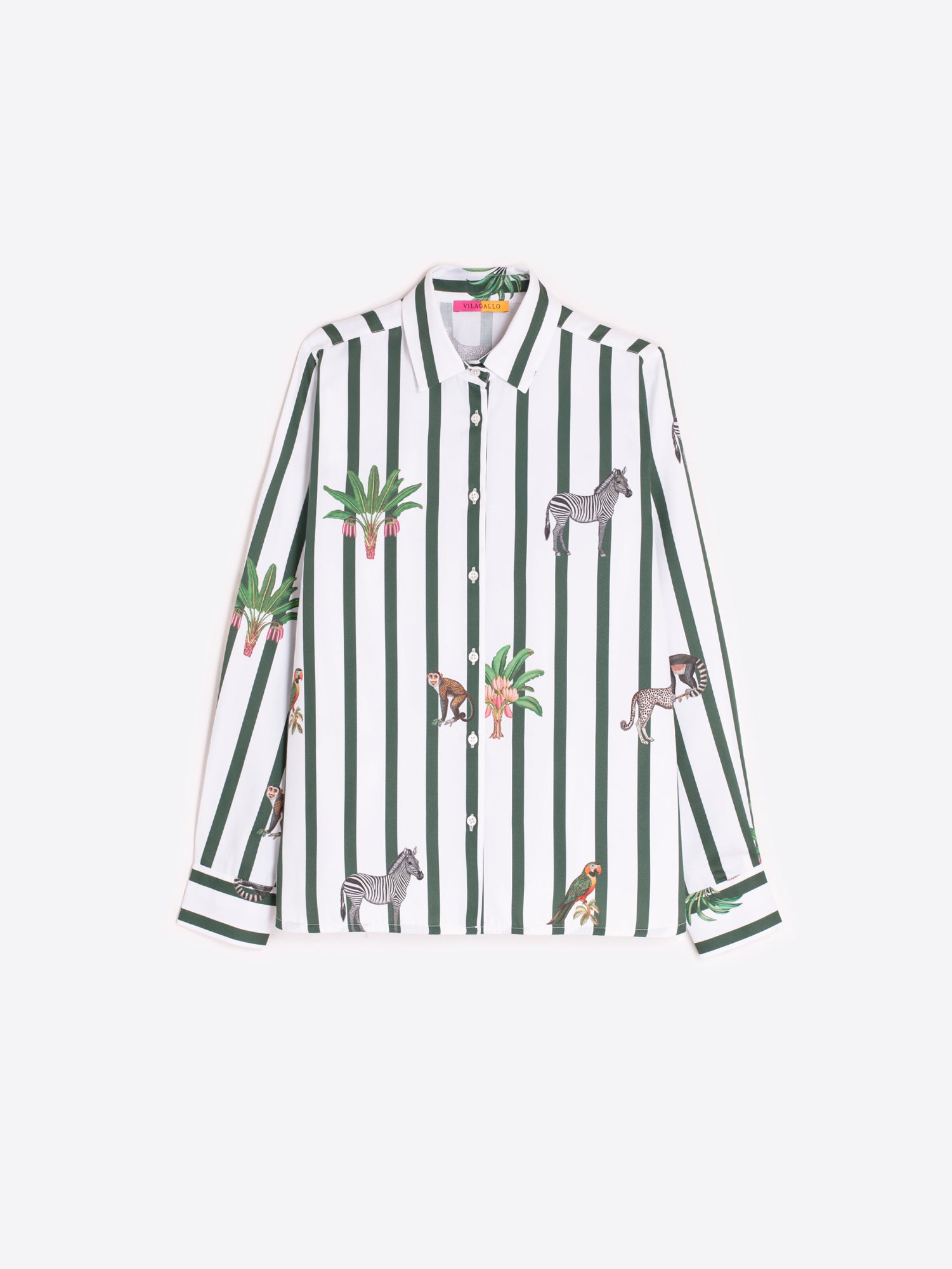 Vilagallo Isa Stripes Print Shirt in green stripes, flat lay with zebra and monkey safari print
