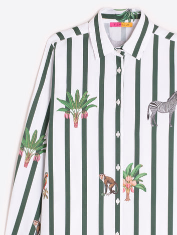 Vilagallo Isa Stripes Print Shirt in green stripes, close-up detail of safari animal print