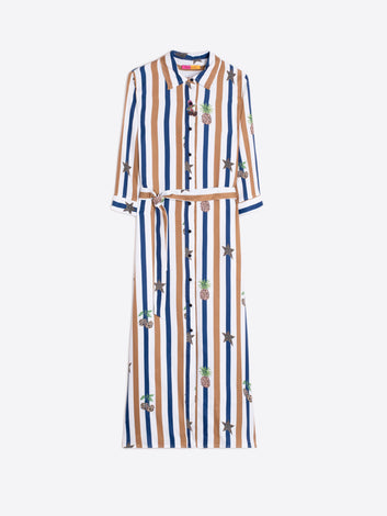 Vilagallo Isota Cherries Stripe Print Dress flat lay, navy tan stripe with cherries and pineapple print
