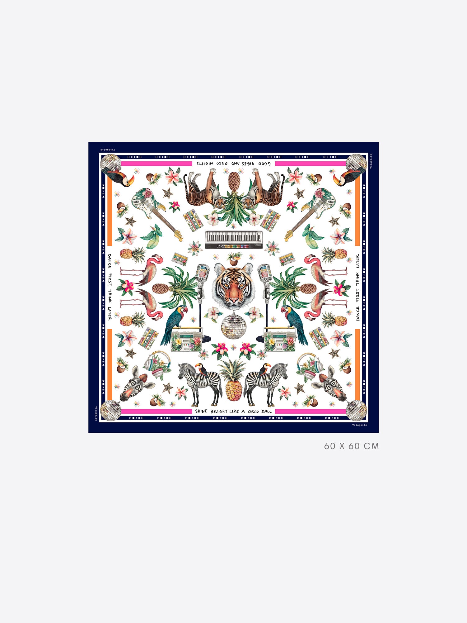 Vilagallo Jungle Disco Medium Silk Scarf flat lay, 60 x 60 cm Shine Bright Like A Disco Ball print