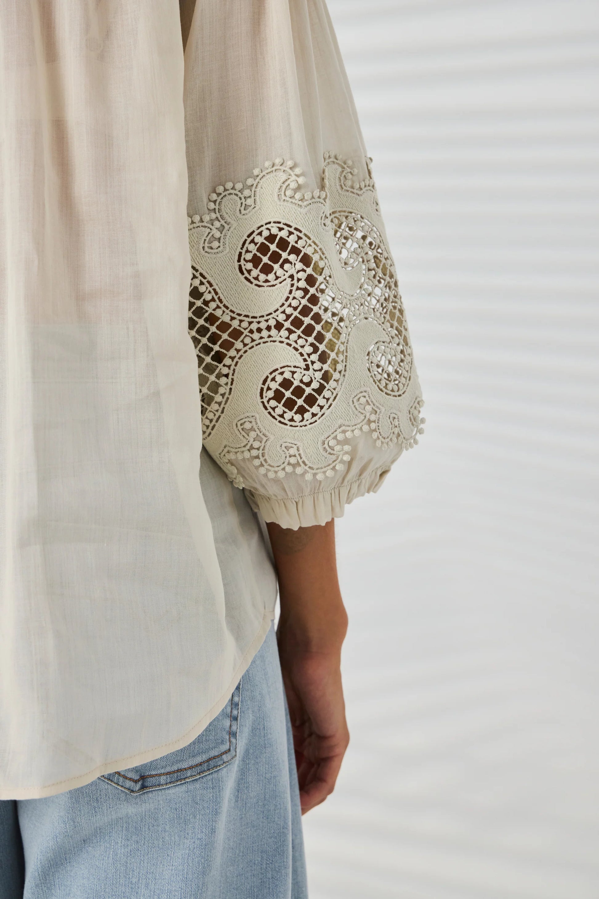 Lania Austin Shirt in Latte - sleeve lace detail