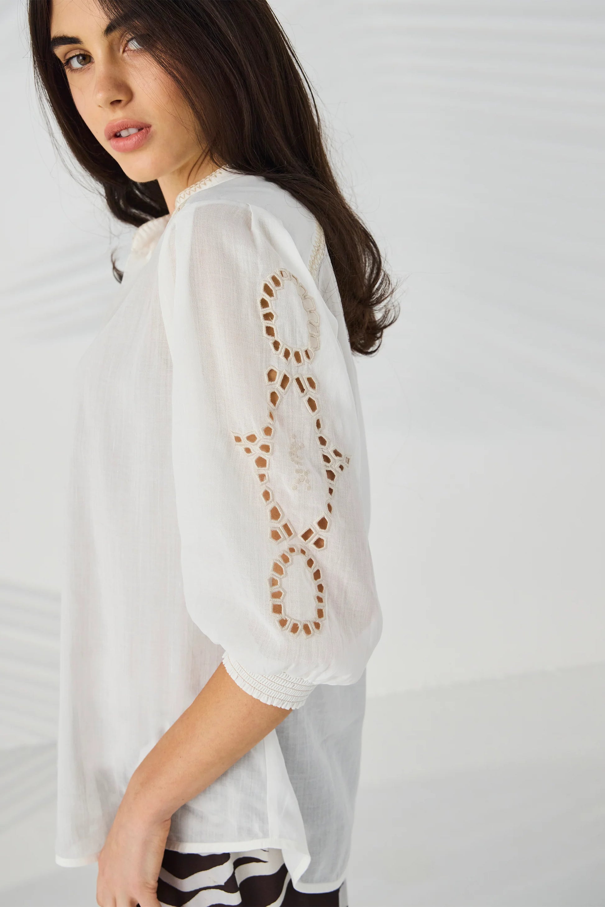 Lania Chloe Shirt in Off White - sleeve embroidery detail