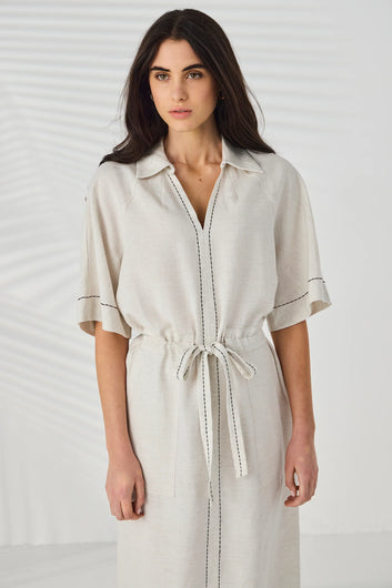 Lania Court Dress in Natural - neckline and waist-tie detail