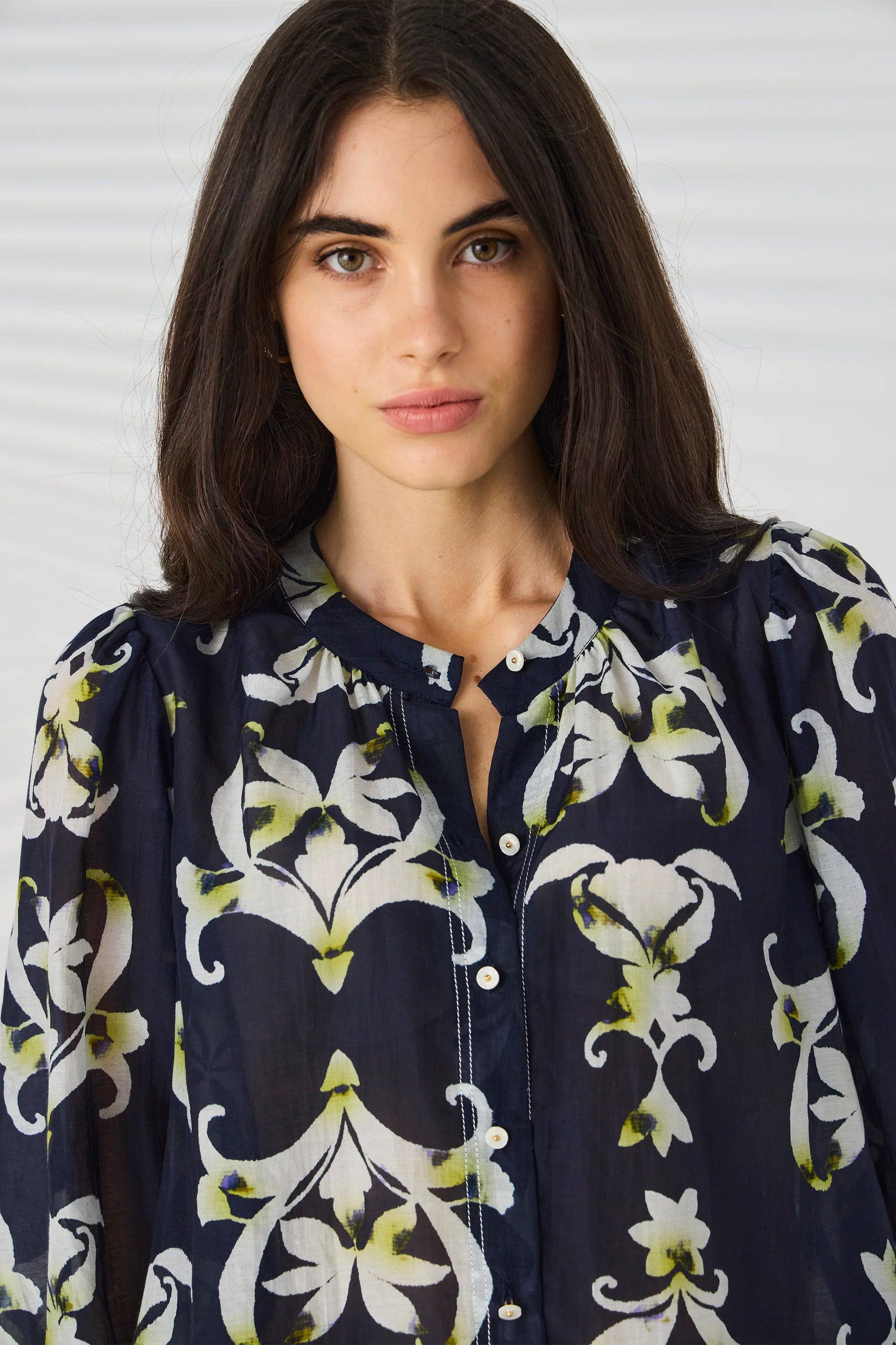 Lania Montage Shirt in Indigo - neckline detail