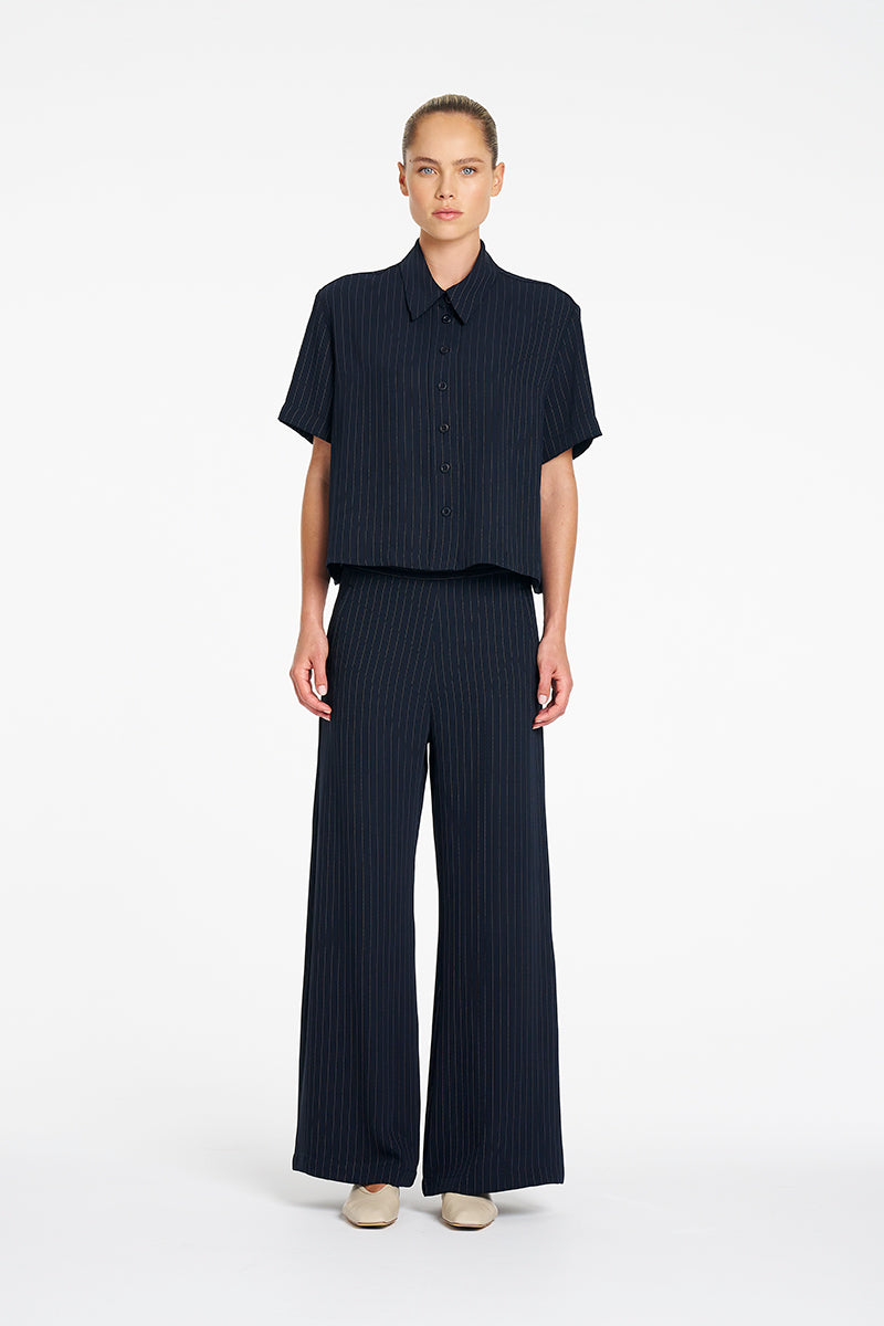 Mela Purdie Crop Shirt in Navy/Chalk, Suit Stripe fabric – front view