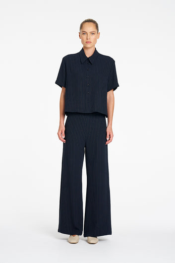 Mela Purdie Crop Shirt in Navy/Chalk, Suit Stripe fabric – front view