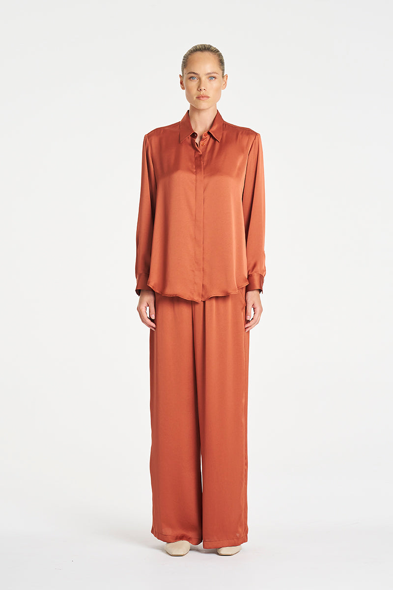 Mela Purdie Maxi Pace Pant in Copper, Mirror Satin fabric – front view