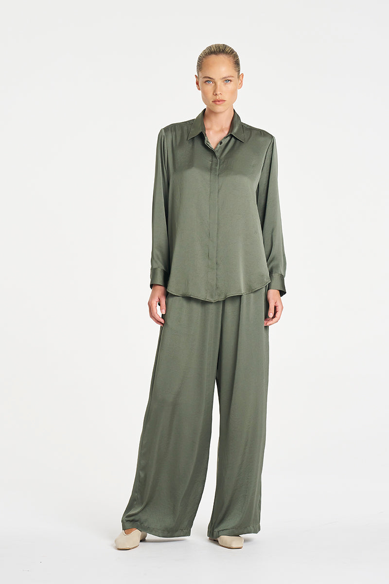 Mela Purdie Maxi Pace Pant in Sage, Mirror Satin fabric – front view