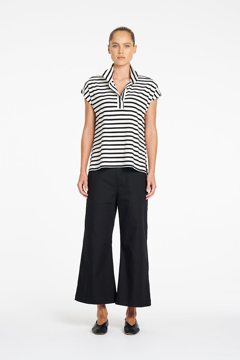 Mela Purdie Tab Top in White/Black, Banner Stripe Jersey fabric – front view