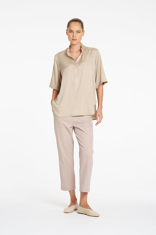 Mela Purdie Tapered Flat Pant in Fawn, Gravitene fabric – front view