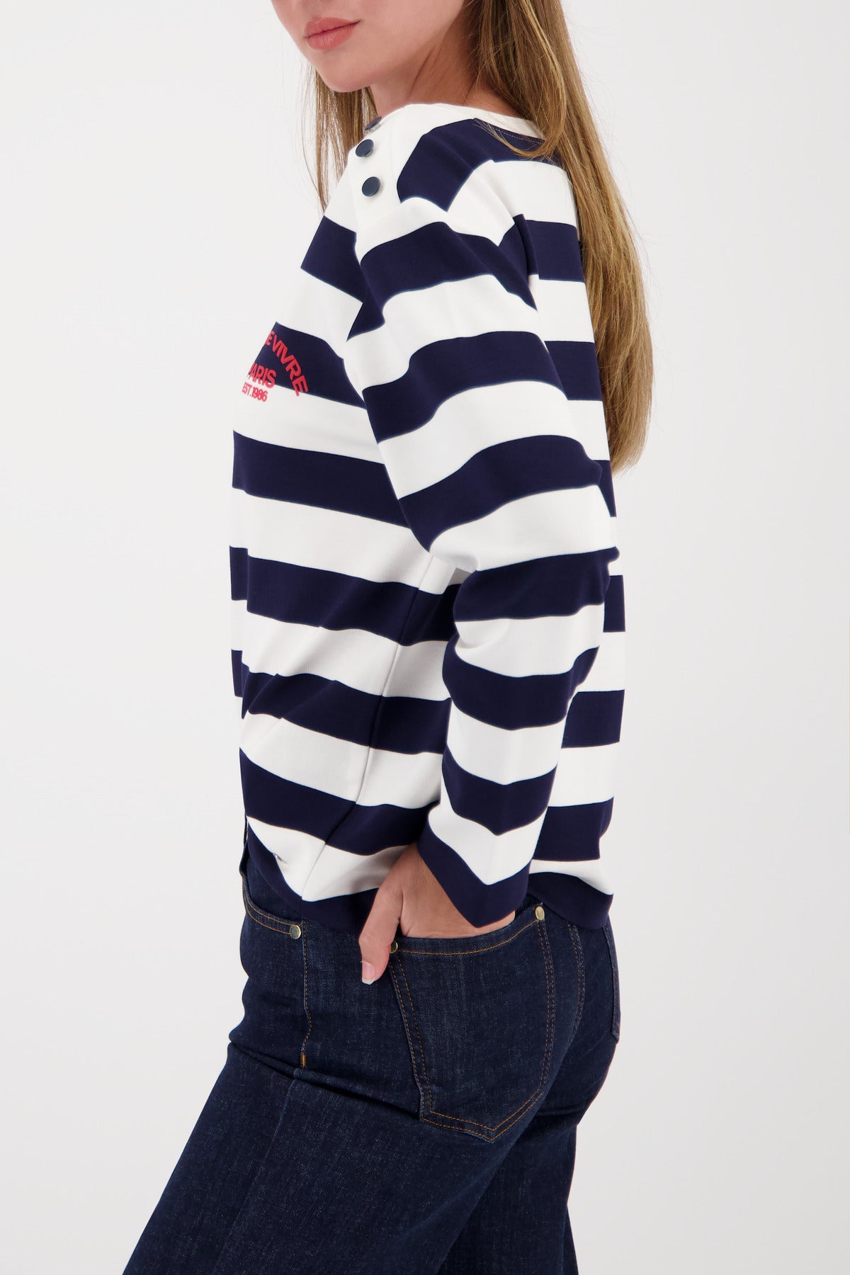 Monari Basic Print Jersey in Marine Stripe - worn - side view