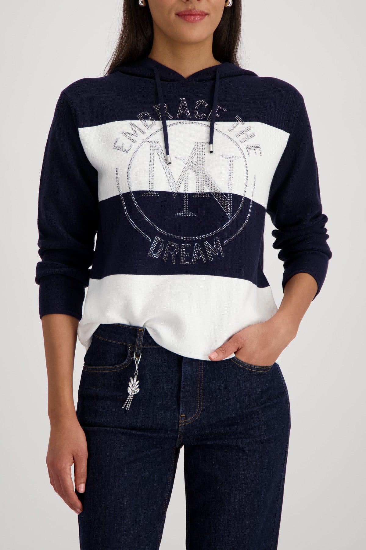 Monari Blocked Ribbed Sweater in Marine Stripe - worn - front view