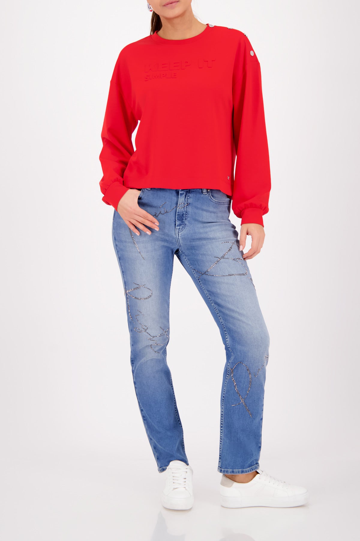 Monari Lettered Jersey in Chilli - worn - full length