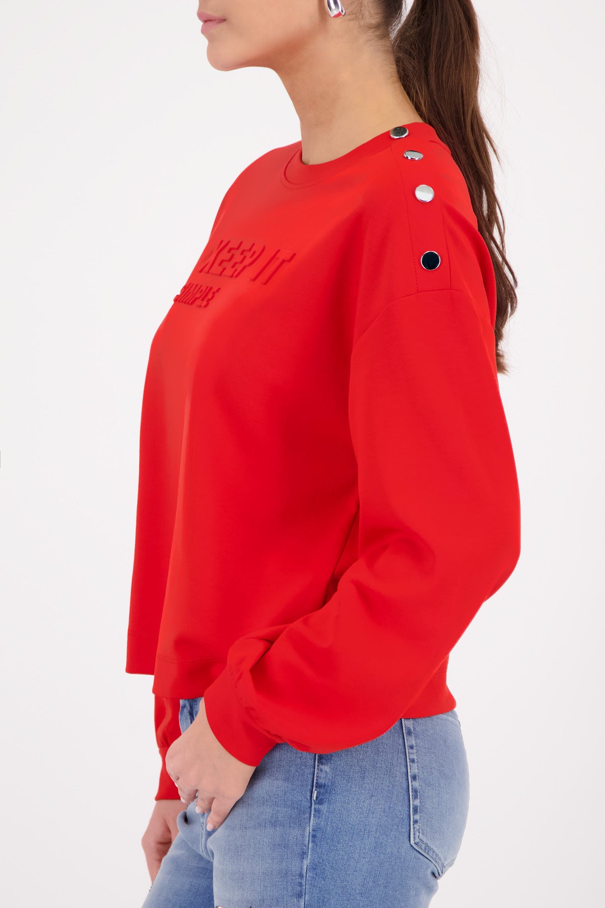 Monari Lettered Jersey in Chilli - worn - side view