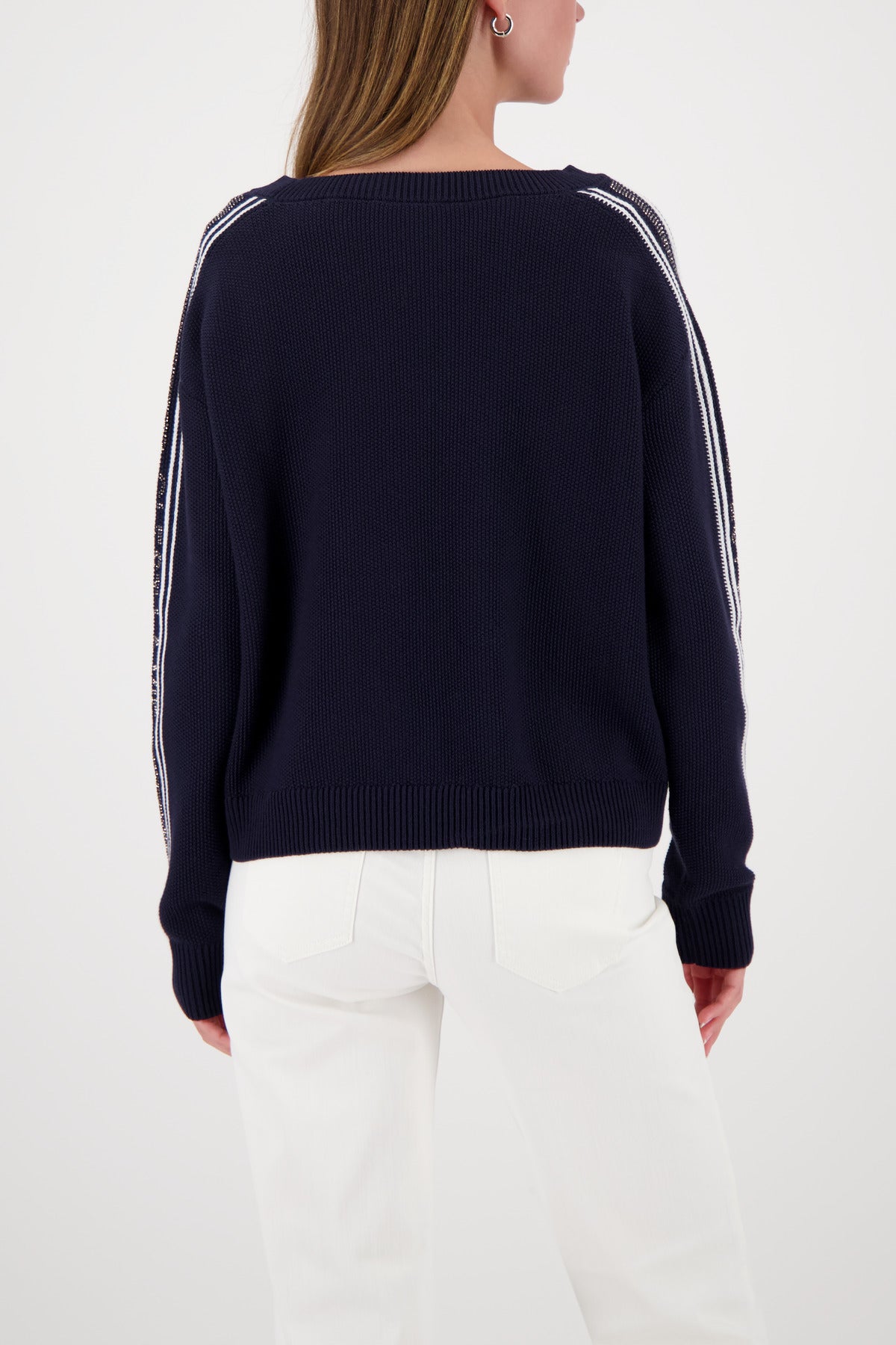 Monari Striped Decorated Sweater in Marine - worn - back view