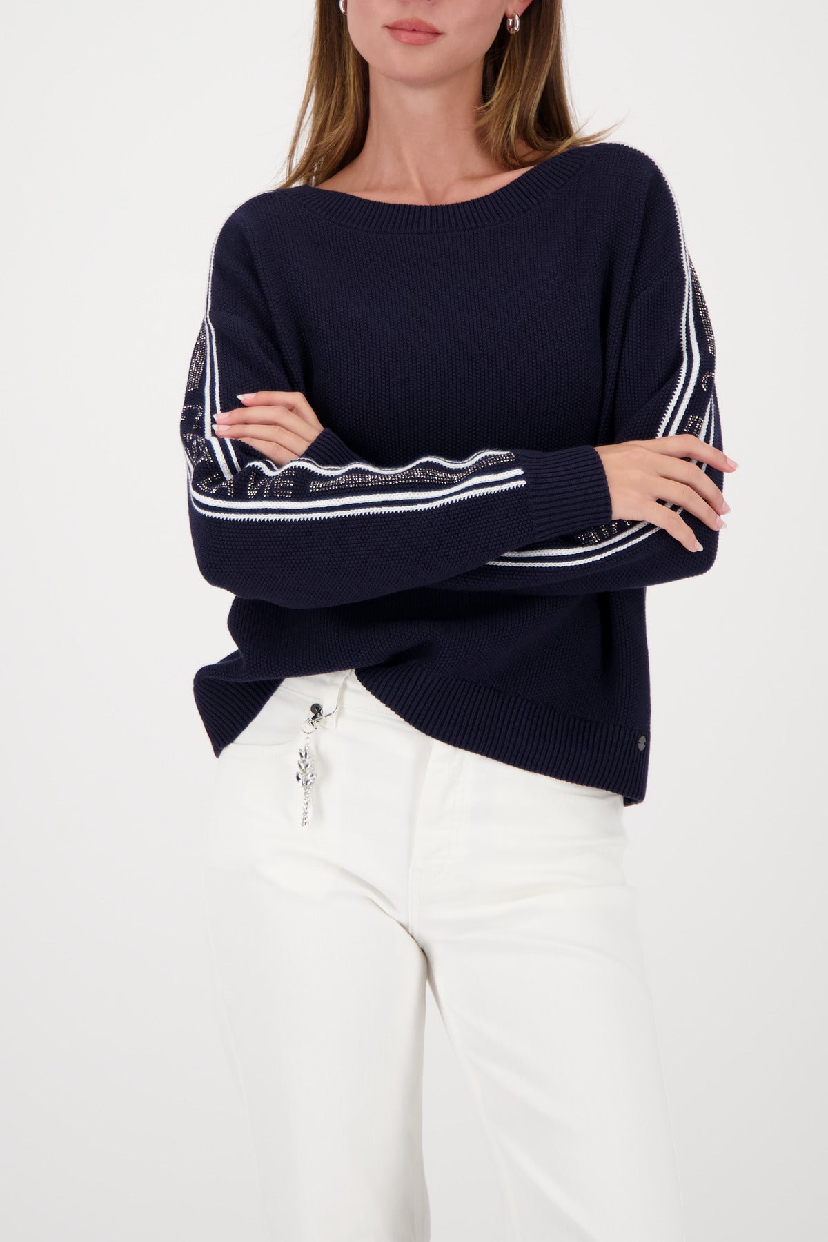 Monari Striped Decorated Sweater in Marine - worn - front view