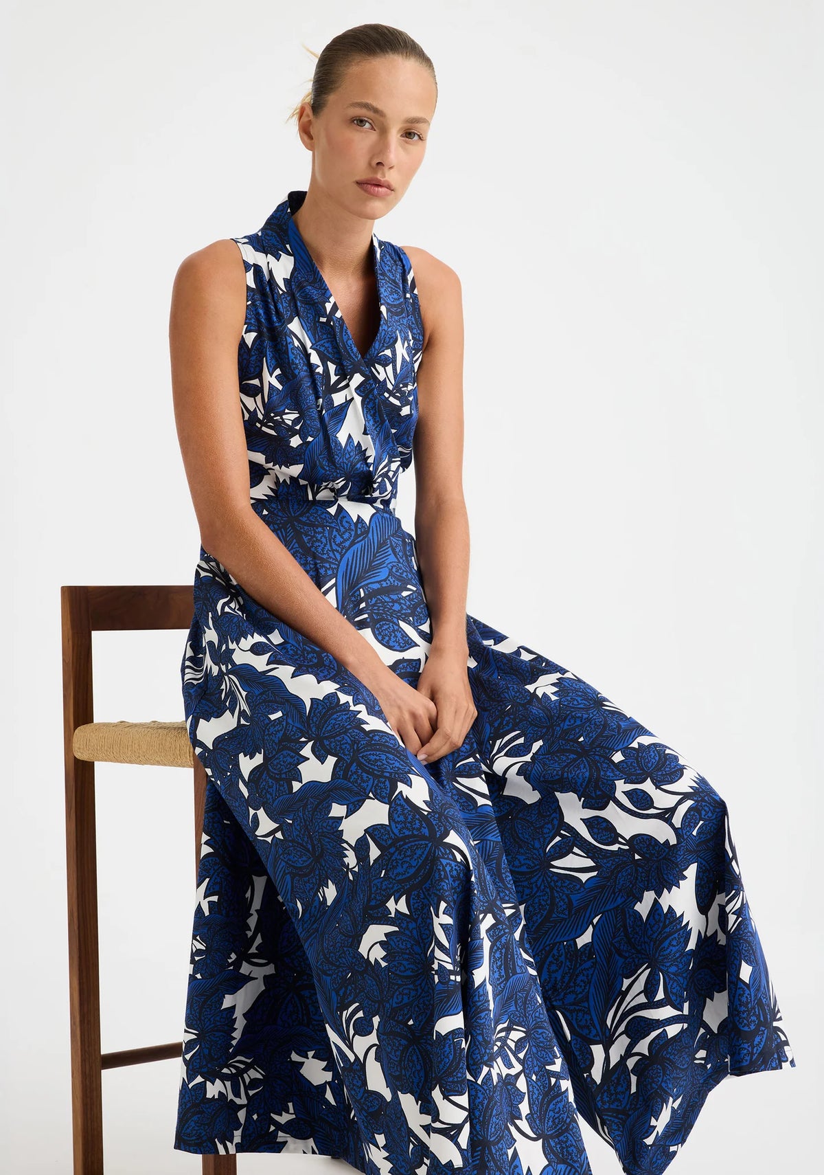 Morrison Sadie Wrap Dress in Print, styled seated