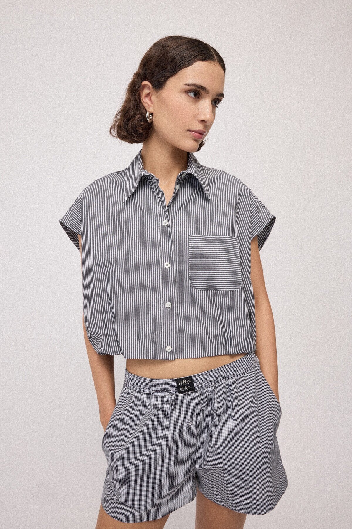 Ottod'Ame Balloon-Effect Shirt Top, Var.Unica stripe, on model – Haus of Alma