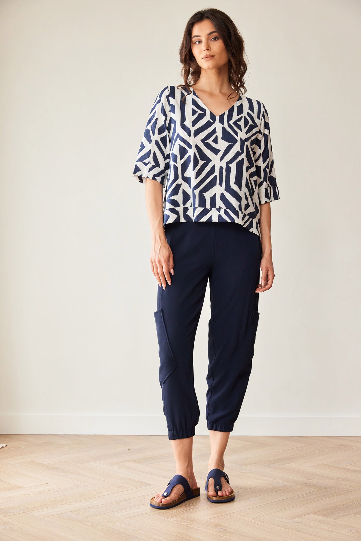 Peruzzi Geo Block Print Top in Navy