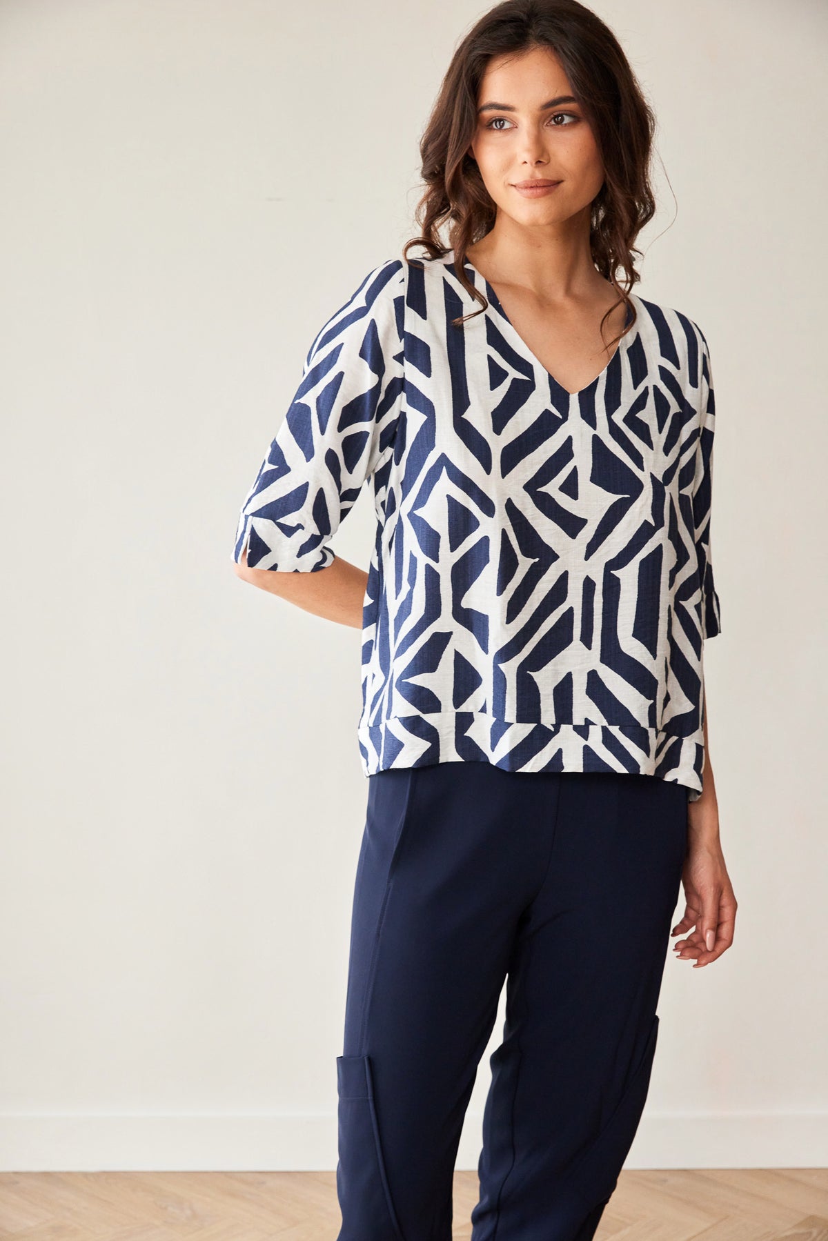 Peruzzi Geo Block Print Top in Navy